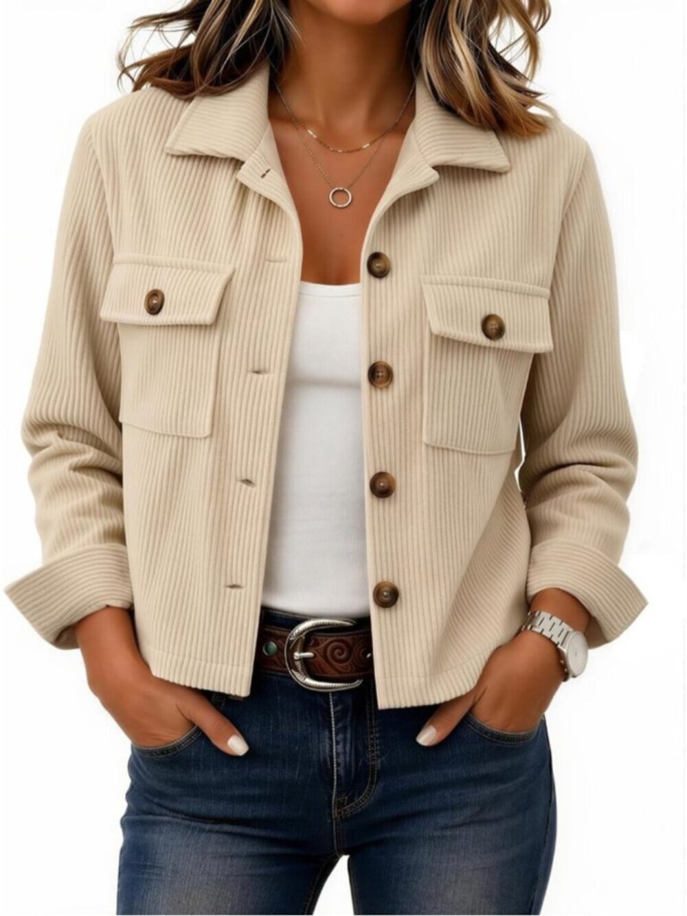 Women's Cream Ribbed Knit Button-Down Flap Pockets Long Sleeve Cropped Shacket